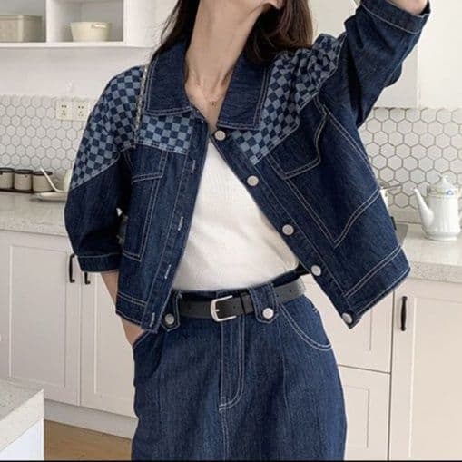 ダークデニムセットアップ チェック切替ジャケット&ストレートパンツ ゆる可愛い アメカジ上下セット