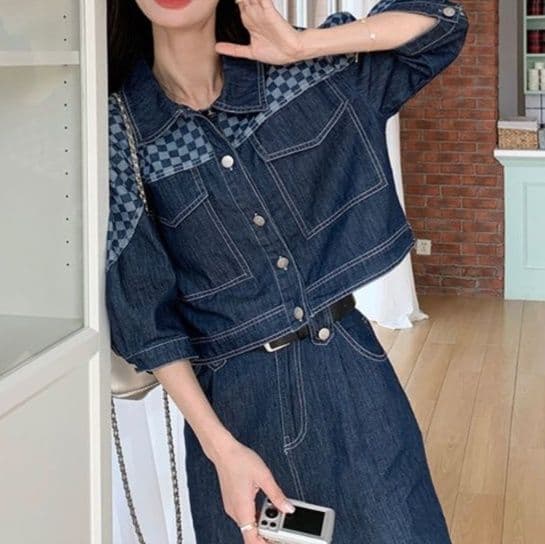 ダークデニムセットアップ チェック切替ジャケット&ストレートパンツ ゆる可愛い アメカジ上下セット