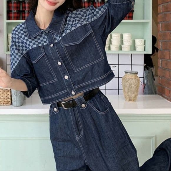 ダークデニムセットアップ チェック切替ジャケット&ストレートパンツ ゆる可愛い アメカジ上下セット