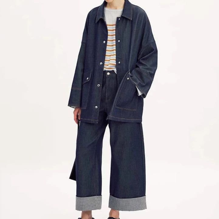 オーバーサイズシャツジャケット×ハイウエストワイドパンツ ゆったり可愛い きれいめデニムセットアップ(上下別売り)