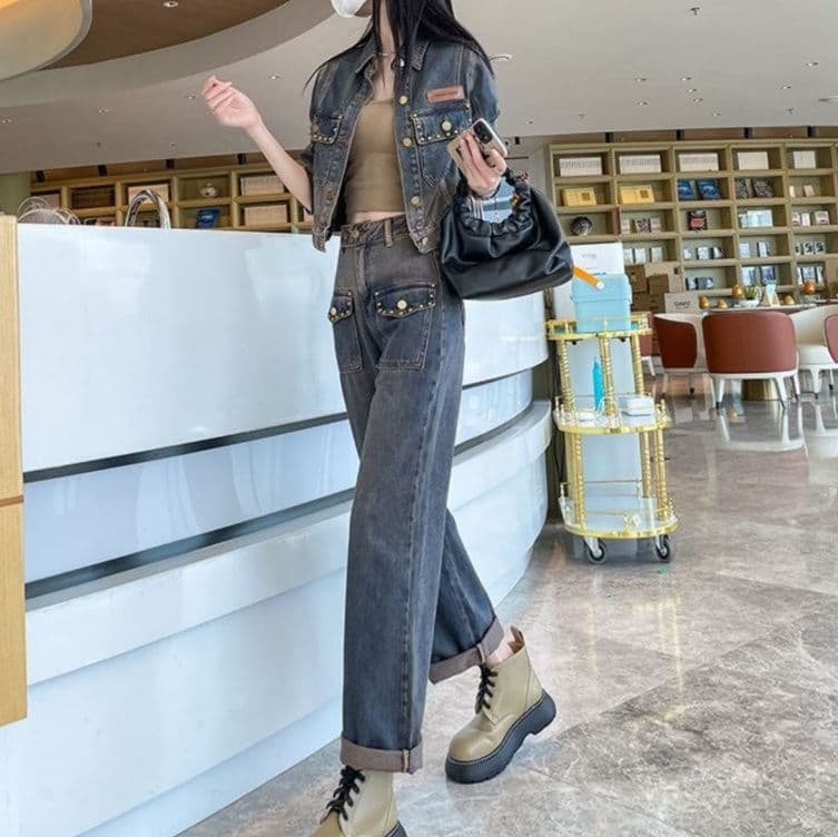 デニムセットアップ ヴィンテージ風ショートジャケット×ストレートワイドパンツ 欧風垢抜け 大人カジュアル2点セット