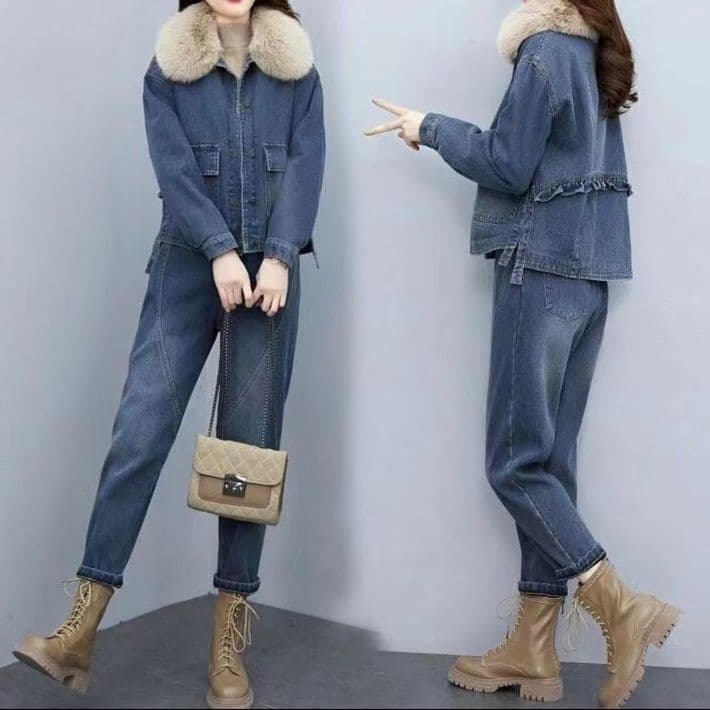 ファー付き裏起毛デニムジャケット&ストレートパンツ 冬向け あったかワークテイストセットアップ(上下別売り)
