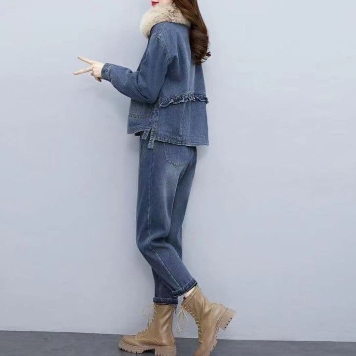 ファー付き裏起毛デニムジャケット&ストレートパンツ 冬向け あったかワークテイストセットアップ(上下別売り)