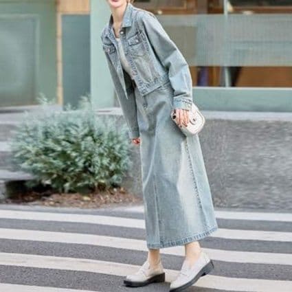 ラメ装飾ゆったりデニムジャケット&バックスリットロングスカート 着回し抜群 フェミニンカジュアルセットアップ
