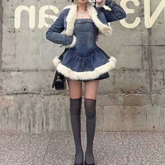 デニムセットアップ ファー装飾クロップドジャケット&フリルミニワンピース ふわもこ韓国風甘辛MIX2点セット
