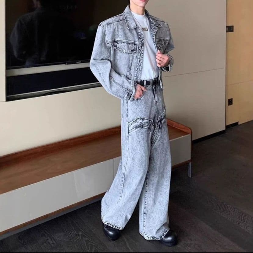 ルーズフィットグレーデニムジャケット×ストレートワイドパンツ メンズ向け 韓国系ワイルドセットアップ