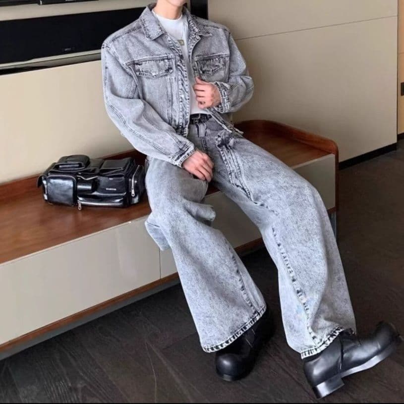 ルーズフィットグレーデニムジャケット×ストレートワイドパンツ メンズ向け 韓国系ワイルドセットアップ
