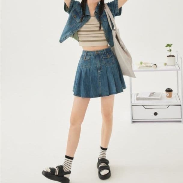 デニムセットアップ カットオフ半袖ジャケット&プリーツミニスカート ガーリーカジュアル2点セット