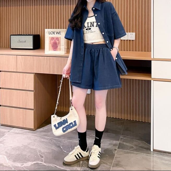 大きめサイズ◎半袖デニムシャツ×ショートパンツ ゆったりこなれ感 夏映えスポーティセットアップ