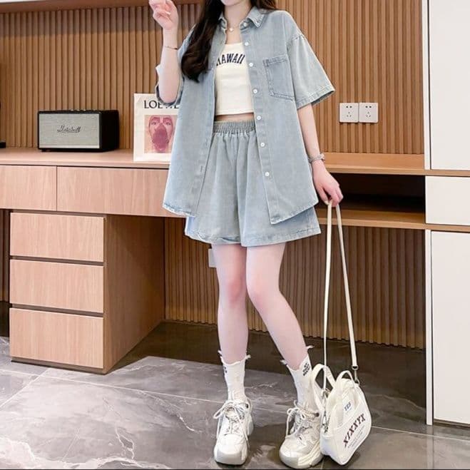 大きめサイズ◎半袖デニムシャツ×ショートパンツ ゆったりこなれ感 夏映えスポーティセットアップ