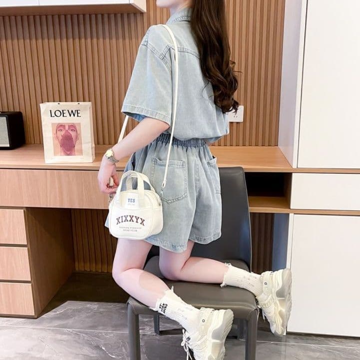 大きめサイズ◎半袖デニムシャツ×ショートパンツ ゆったりこなれ感 夏映えスポーティセットアップ