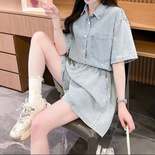 大きめサイズ◎半袖デニムシャツ×ショートパンツ ゆったりこなれ感 夏映えスポーティセットアップ