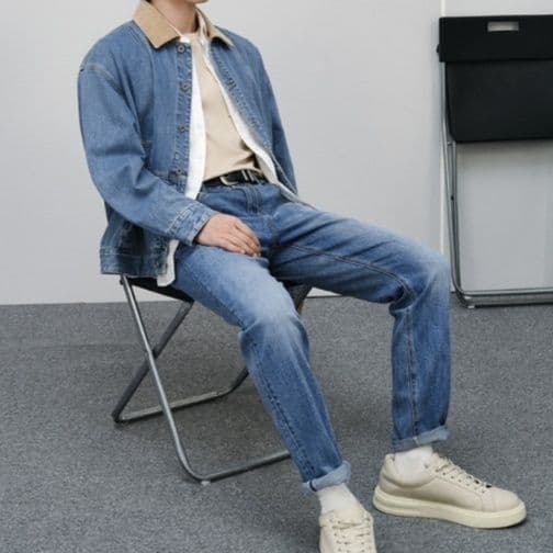 配色切替デニムジャケット&ストレートパンツ メンズ向け 色落ち加工 スマートカジュアルセットアップ(上下別売り)