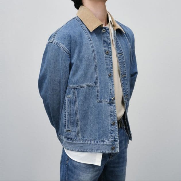 配色切替デニムジャケット&ストレートパンツ メンズ向け 色落ち加工 スマートカジュアルセットアップ(上下別売り)