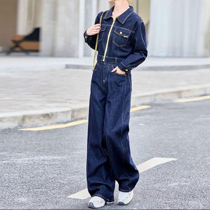 デニムセットアップ カラフルジップショートジャケット×ワイドパンツ ワーク系カジュアル2点セット