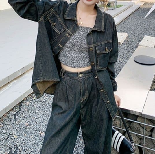デニムセットアップ ゆったりダークデニムシャツ&ハイウエストワイドパンツ 大人華奢見え ゆるカジ2点セット