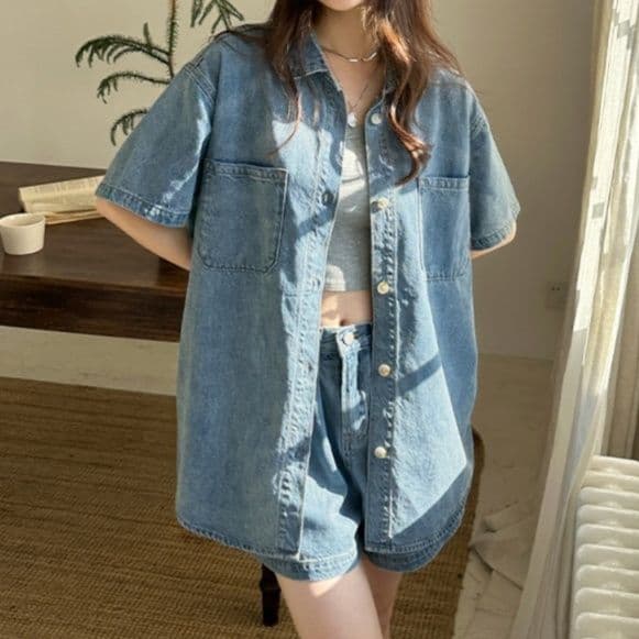 ウォッシュ加工半袖デニムシャツ×ショートパンツ ゆる可愛い 爽やか夏映えセットアップ(上下別売り)