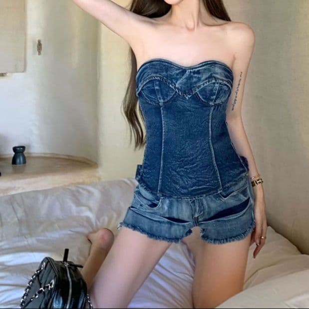コルセット風色落ち加工デニムビスチェ&裾フリンジショートパンツ 小柄さん向け 大人可愛い細見えカジュアルセットアップ