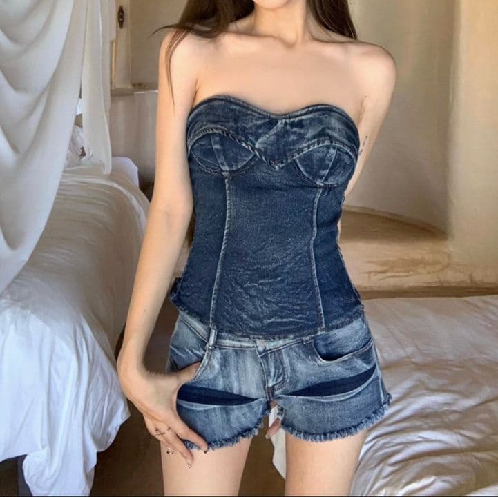 コルセット風色落ち加工デニムビスチェ&裾フリンジショートパンツ 小柄さん向け 大人可愛い細見えカジュアルセットアップ
