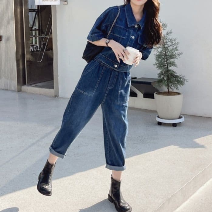 デニムセットアップ 半袖ショートジャケット×クロップドワイドパンツ 塩系垢抜け ワークテイスト2点セット