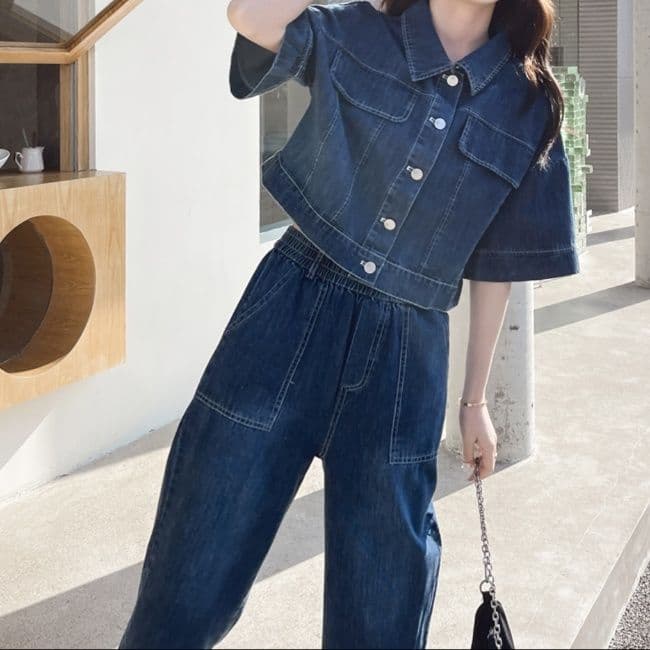 デニムセットアップ 半袖ショートジャケット×クロップドワイドパンツ 塩系垢抜け ワークテイスト2点セット