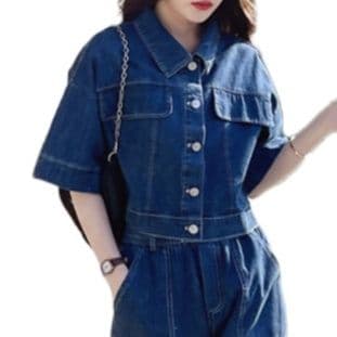 デニムセットアップ 半袖ショートジャケット×クロップドワイドパンツ 塩系垢抜け ワークテイスト2点セット