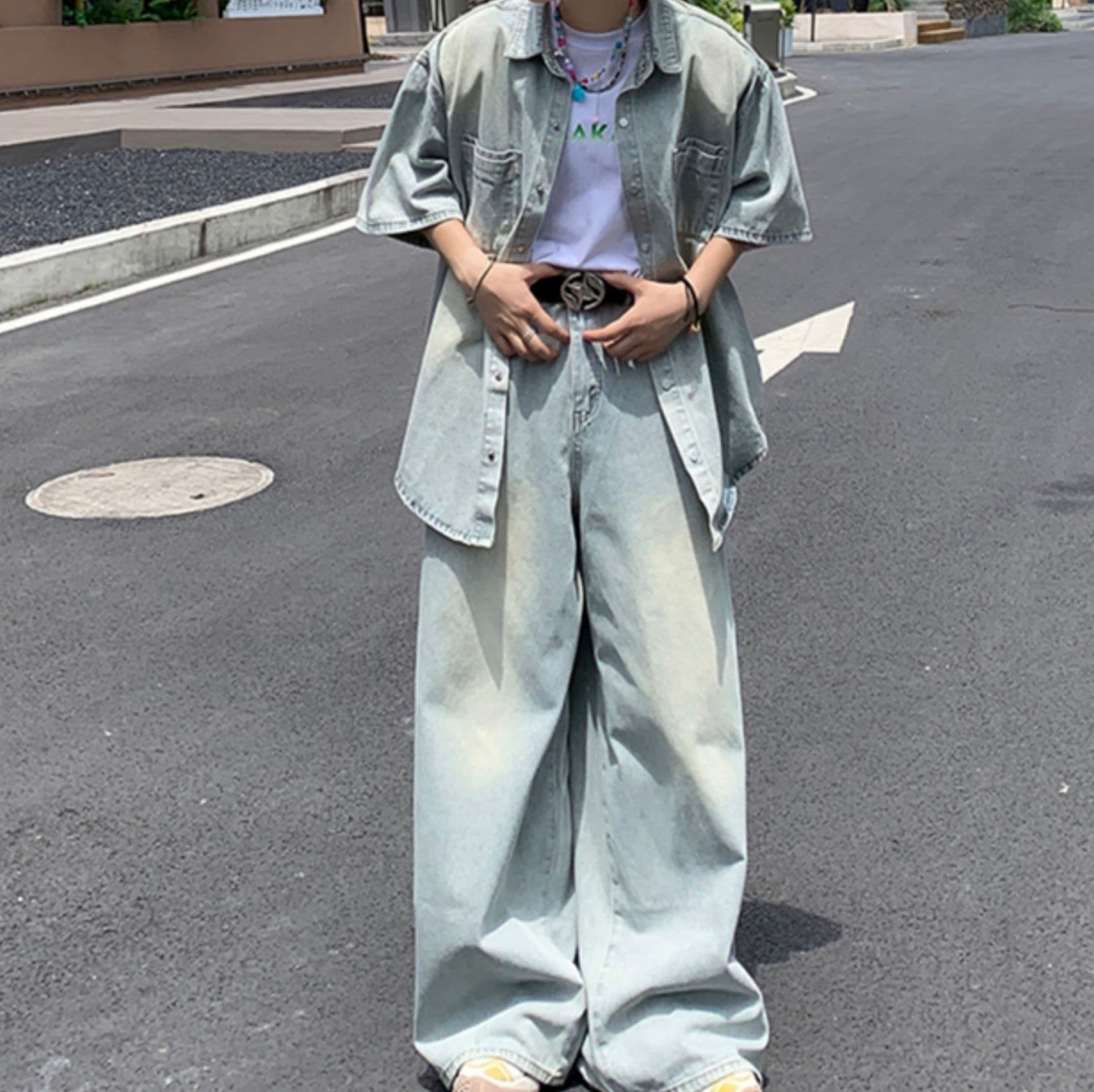 ゆったり半袖デニムシャツ×ワイドパンツ メンズ向け ウォッシュ加工 爽やかカジュアルセットアップ