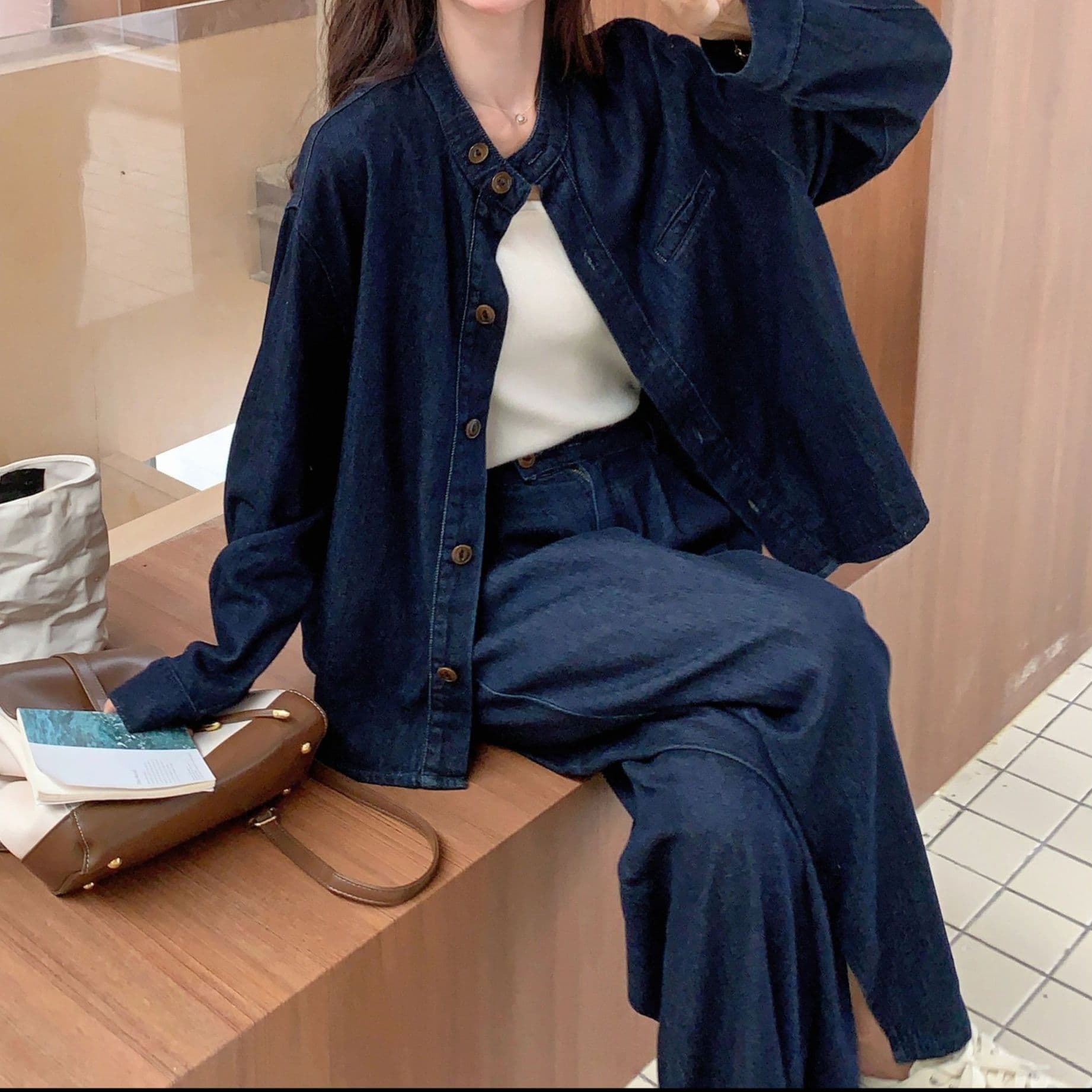 デニムセットアップ ノーカラージャケット&ハイウエストワイドパンツ 塩系ゆるカジュアルセット