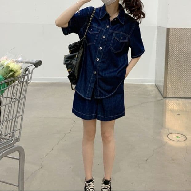 デニムセットアップ ヴィンテージ風薄手半袖シャツ&ワイドショートパンツ 夏のきれいめゆるかわ上下セット