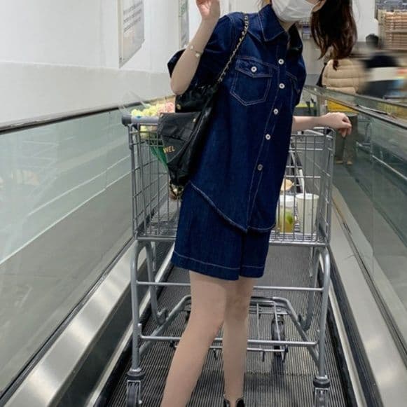 デニムセットアップ ヴィンテージ風薄手半袖シャツ&ワイドショートパンツ 夏のきれいめゆるかわ上下セット