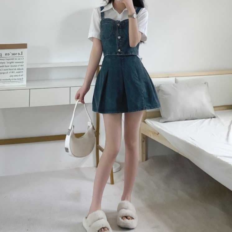デニムセットアップ フロントボタンキャミトップス&プリーツミニスカート 華奢見えレトロガーリー2点セット