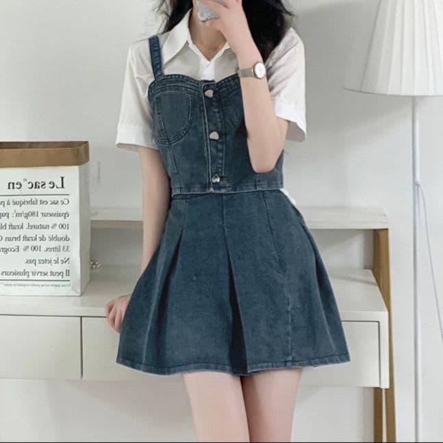 デニムセットアップ フロントボタンキャミトップス&プリーツミニスカート 華奢見えレトロガーリー2点セット
