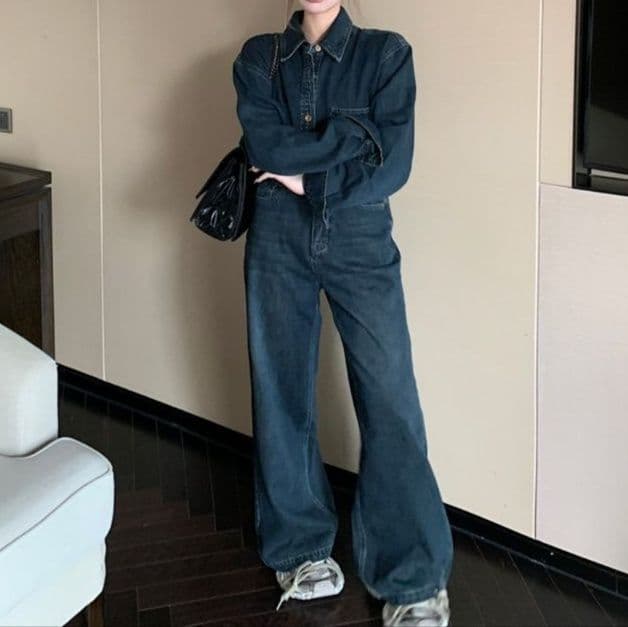 デニムセットアップ クラシカル長袖シャツ&ハイウエストワイドパンツ レトロ可愛い ゆったり細見え上下セット
