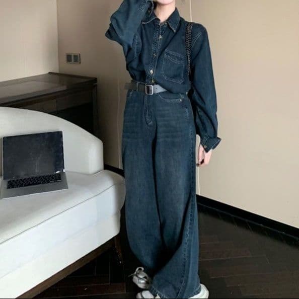 デニムセットアップ クラシカル長袖シャツ&ハイウエストワイドパンツ レトロ可愛い ゆったり細見え上下セット