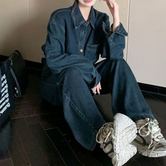 デニムセットアップ クラシカル長袖シャツ&ハイウエストワイドパンツ レトロ可愛い ゆったり細見え上下セット