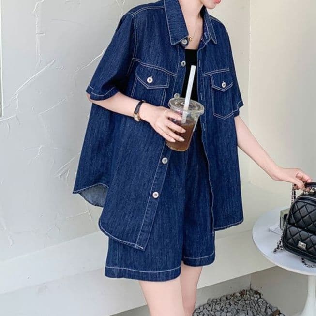 デニムセットアップ ネイビー半袖シャツ&ショートパンツ 小柄さん向け 大人可愛いゆったり夏向け上下セット