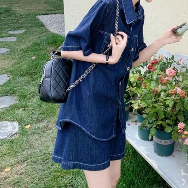 デニムセットアップ ネイビー半袖シャツ&ショートパンツ 小柄さん向け 大人可愛いゆったり夏向け上下セット