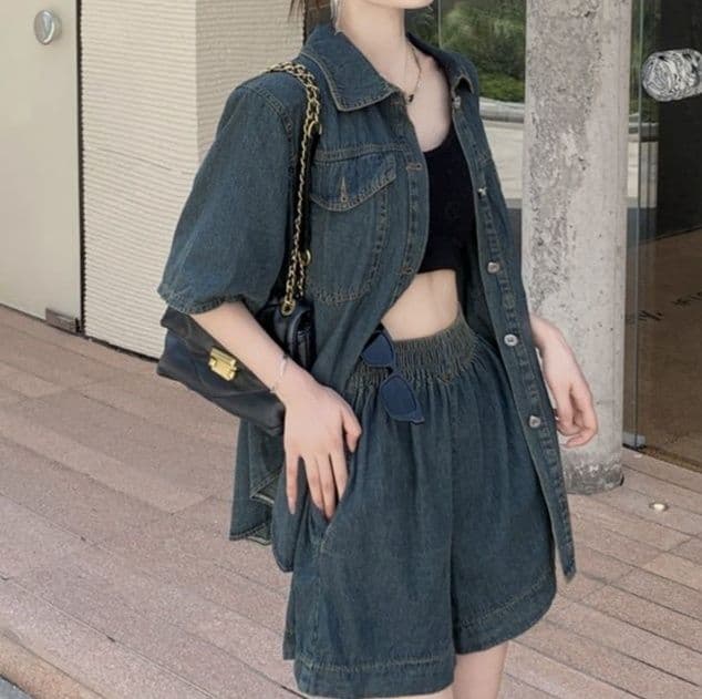 デニムセットアップ レトロ風半袖シャツ&ハイウエストショートパンツ 大きめサイズ◎ 夏の華奢見えツーピースセット