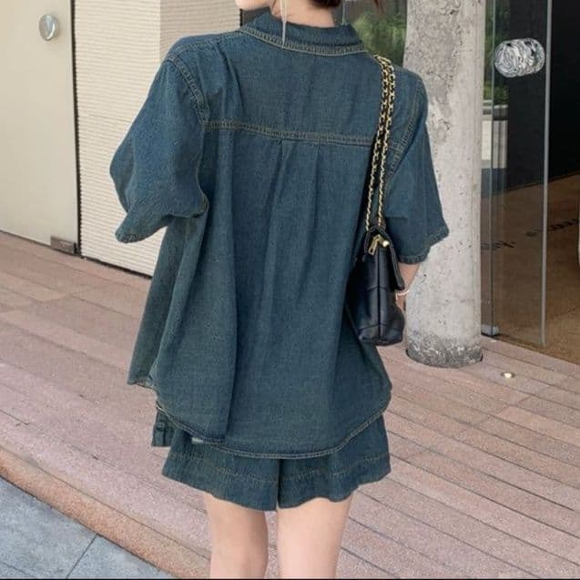 デニムセットアップ レトロ風半袖シャツ&ハイウエストショートパンツ 大きめサイズ◎ 夏の華奢見えツーピースセット