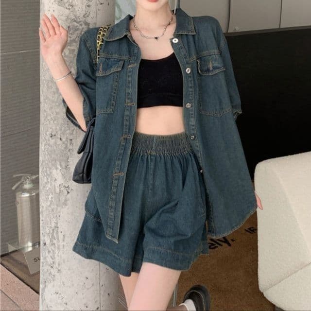 デニムセットアップ レトロ風半袖シャツ&ハイウエストショートパンツ 大きめサイズ◎ 夏の華奢見えツーピースセット