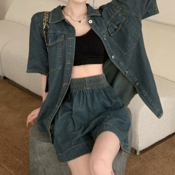 デニムセットアップ レトロ風半袖シャツ&ハイウエストショートパンツ 大きめサイズ◎ 夏の華奢見えツーピースセット