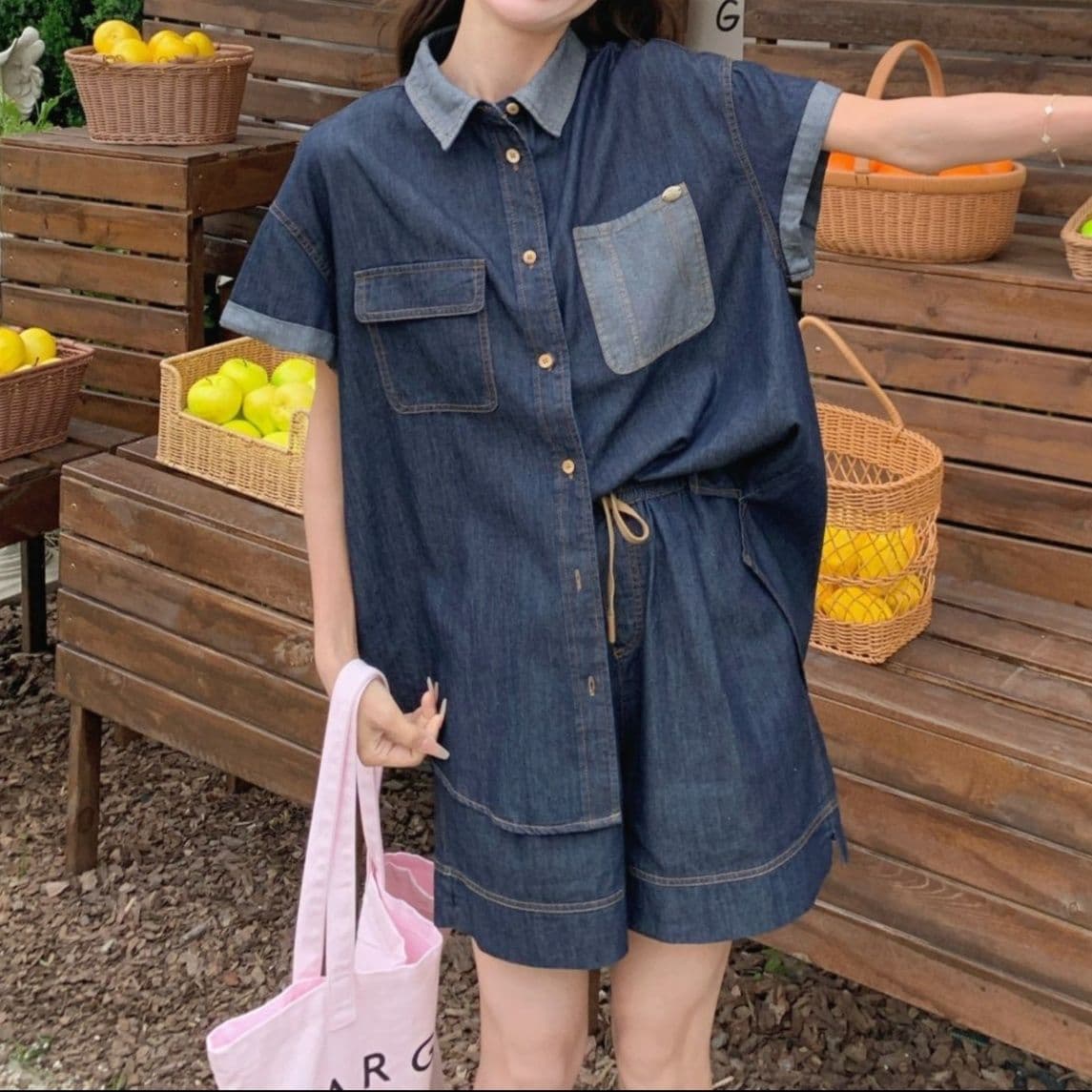 デニムセットアップ カラー切替半袖シャツ&ショートパンツ ゆる可愛い垢抜けカジュアル2点セット