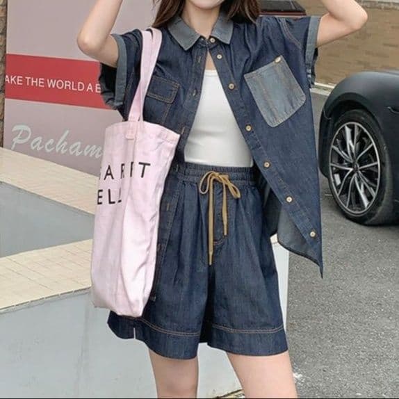 デニムセットアップ カラー切替半袖シャツ&ショートパンツ ゆる可愛い垢抜けカジュアル2点セット