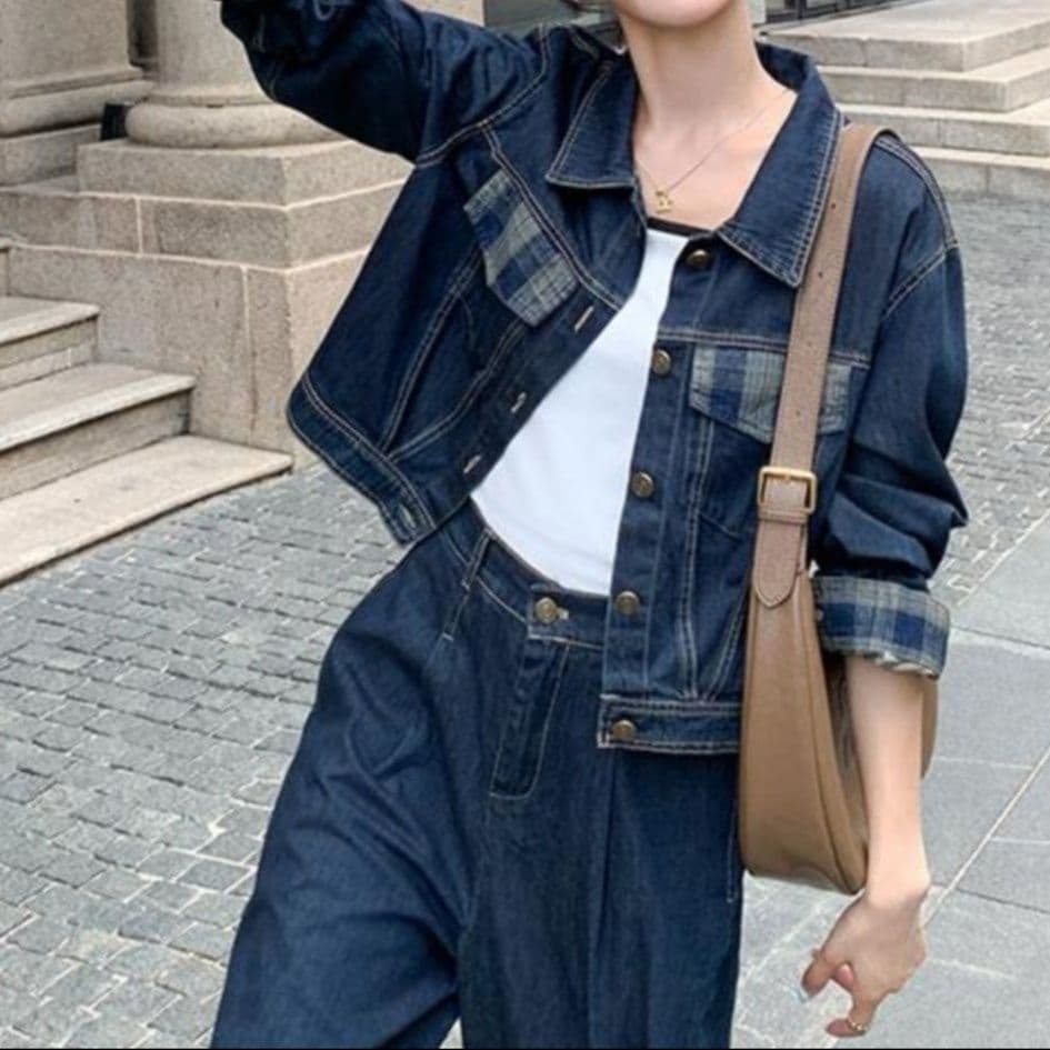 デニムセットアップ チェック切替ショートジャケット・ワイドパンツ 小柄さん向け 大人カジュアル2点セット
