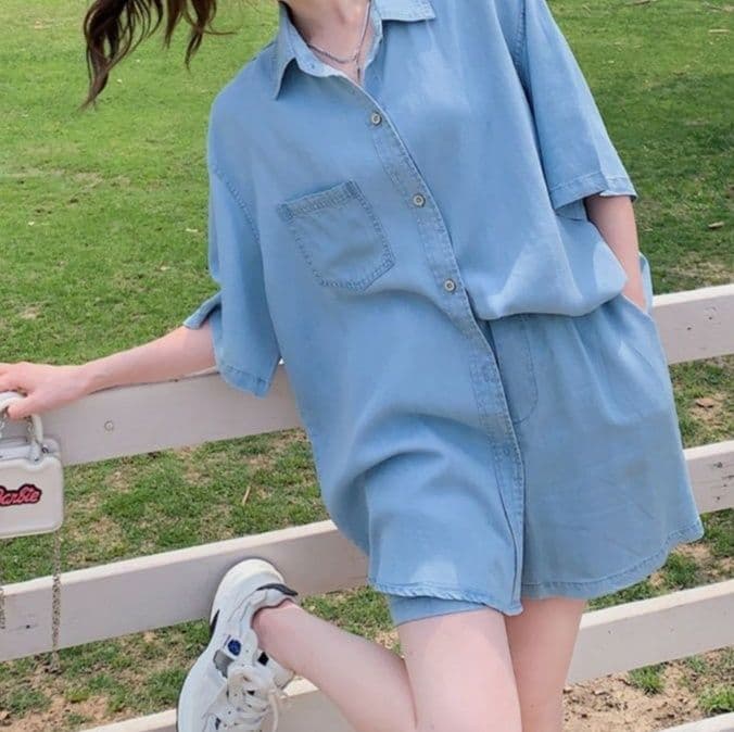 デニムセットアップ ゆったり半袖デニムシャツ&ショートパンツ 夏のゆるかわドーパミンコーデセット
