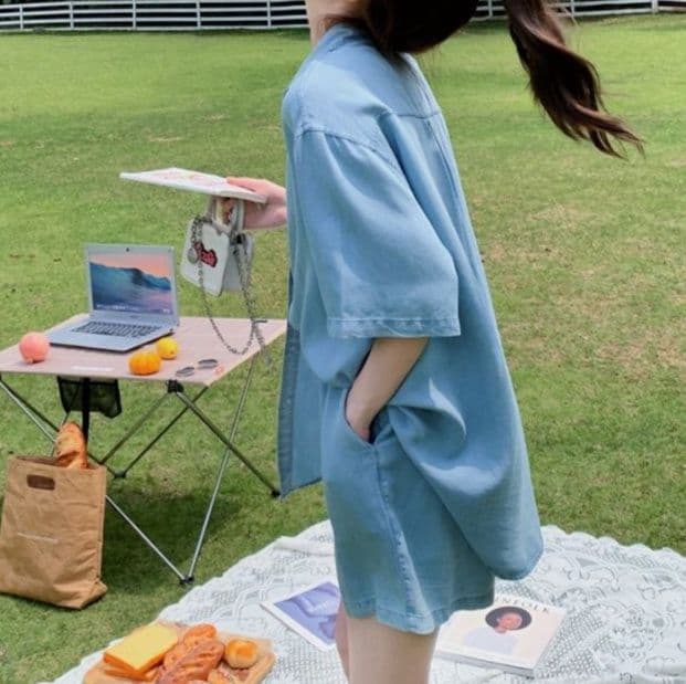デニムセットアップ ゆったり半袖デニムシャツ&ショートパンツ 夏のゆるかわドーパミンコーデセット