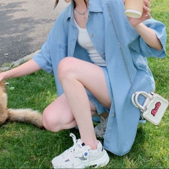 デニムセットアップ ゆったり半袖デニムシャツ&ショートパンツ 夏のゆるかわドーパミンコーデセット