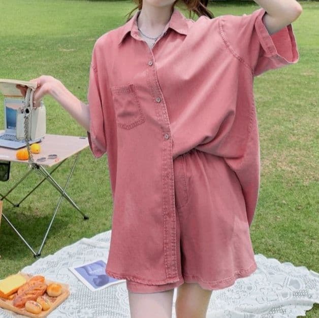 デニムセットアップ ゆったり半袖デニムシャツ&ショートパンツ 夏のゆるかわドーパミンコーデセット