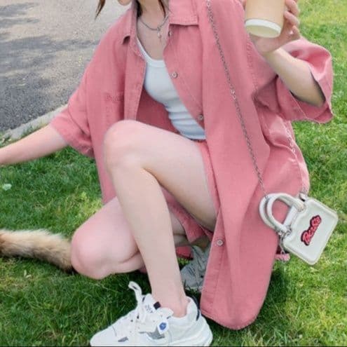デニムセットアップ ゆったり半袖デニムシャツ&ショートパンツ 夏のゆるかわドーパミンコーデセット