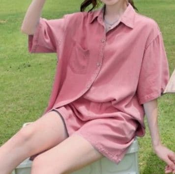 デニムセットアップ ゆったり半袖デニムシャツ&ショートパンツ 夏のゆるかわドーパミンコーデセット